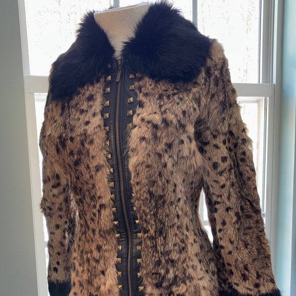 NWT Marciano real rabbit fur coat leather stud trim leopard cheetah jacket Small - Picture 3 of 17